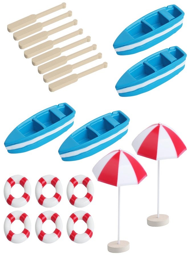 Begino 4 Sets of Miniature Rowboat Mini Blue Boat with Red Oars Figurines Micro Landscape Life Buoy Red Beach Umbrellas Canoe Models Ocean Beach Scene Ornaments - Image 1